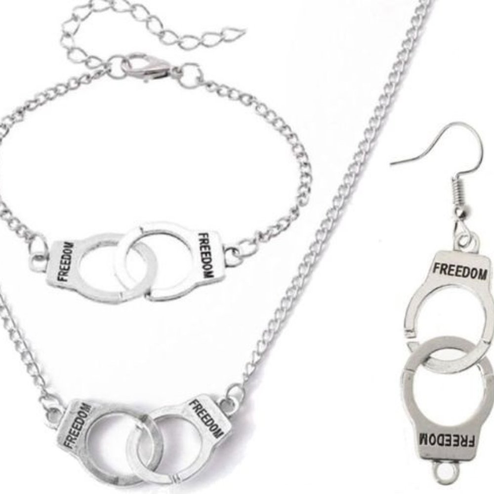 Jewelry Set ~ Law Enforcement Handcuffs  ~ Necklace, Bracelet & Earrings